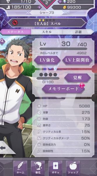 キャラクター育成画面