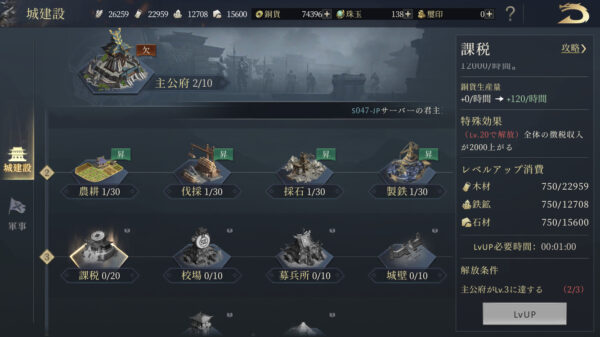 【今三国志】序盤の施設上げ